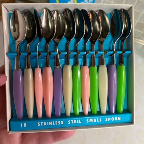 Vintage Small Spoons set of 12 deadstock stainless steel spoons neon han… - Picture 3 of 5